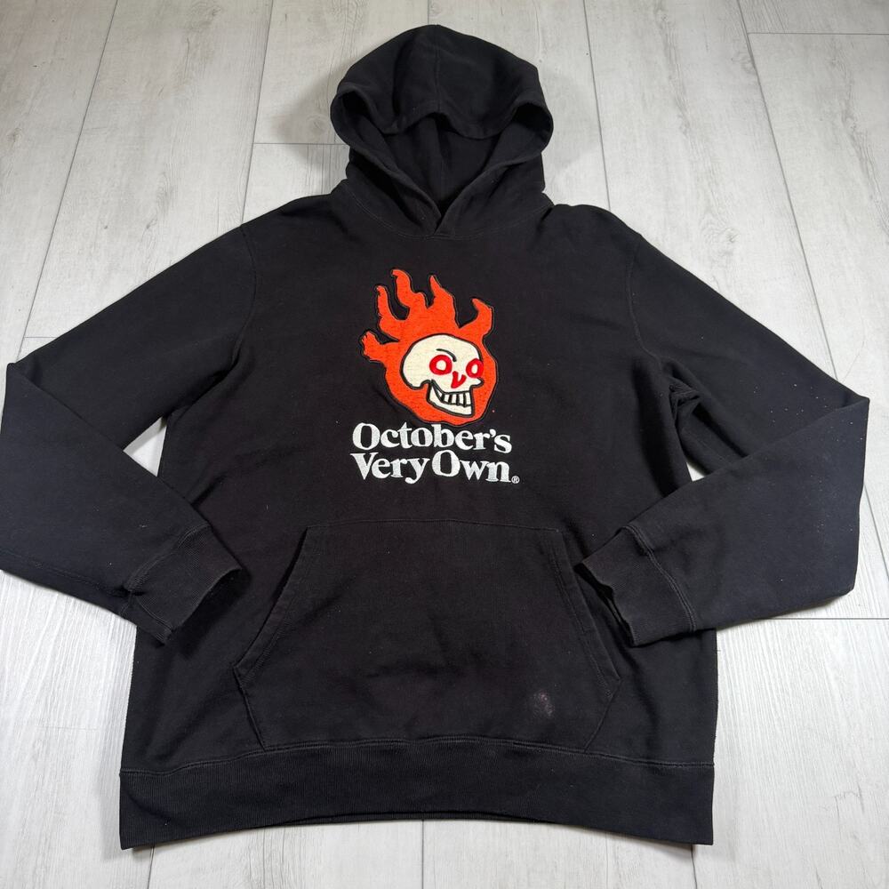 OVO October's Very Own Scull Flame Logo Hoodie Black Drake Mens Large